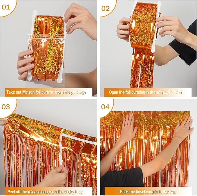 Melsan Orange Tinsel Backdrop Curtains, 3.2ft x 8.2ft Sparkle Metallic Foil Fringe Curtain for Basketball Thanksgiving Halloween Birthday Party Decorations, 2 Packs