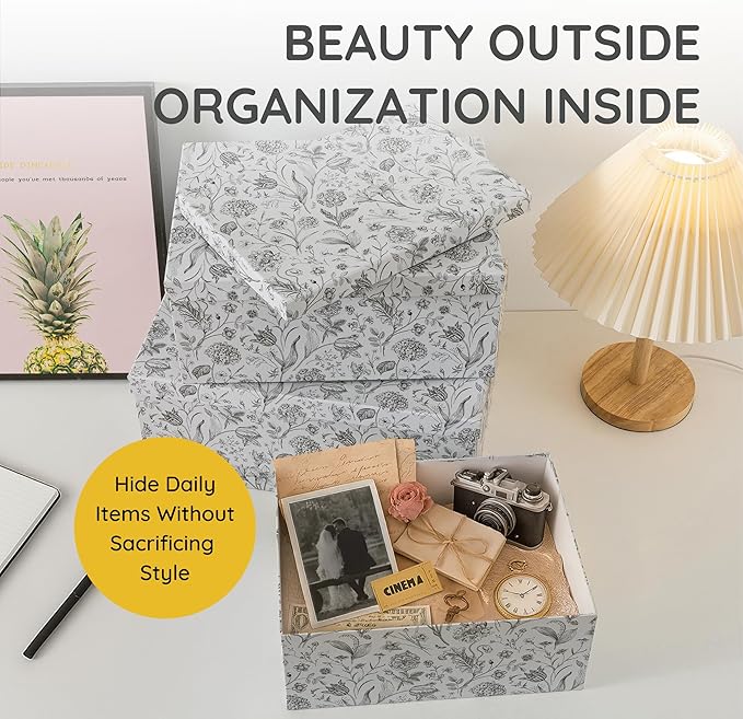 Soul & Lane Decorative Cardboard Storage Boxes For Home Décor - Modern Meadow - Set of 3: Floral Paperboard Nesting Storage With Lids, Memory Boxes For Keepsakes And Photos, Gift Set For Presents