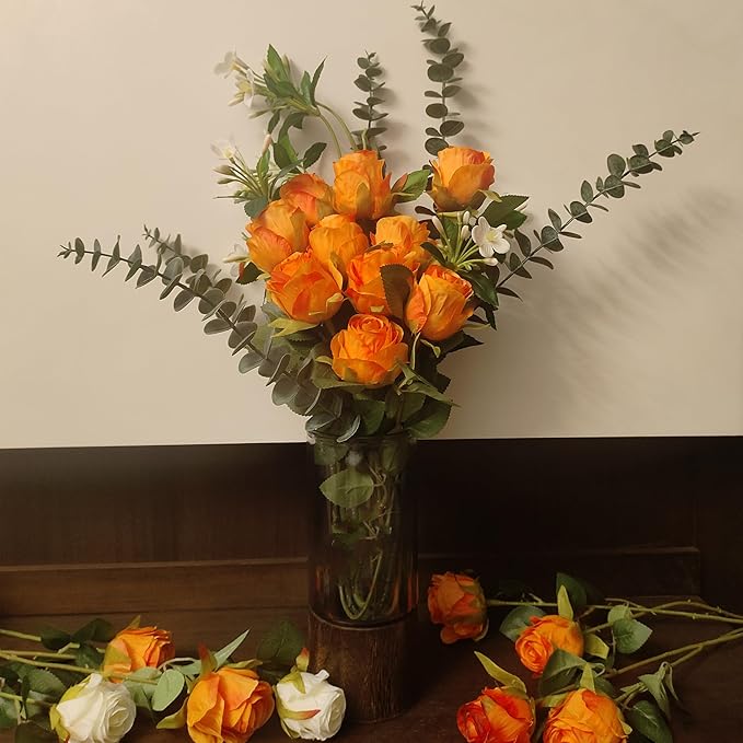 Artificial Roses 10 Pcs - Lifelike Single Stem Fake Roses with Natural Petal Texture,Fade-Resistant Silk Flowers for Wedding Decor,Home Vase Arrangements,Party Centerpieces(10, Orange)