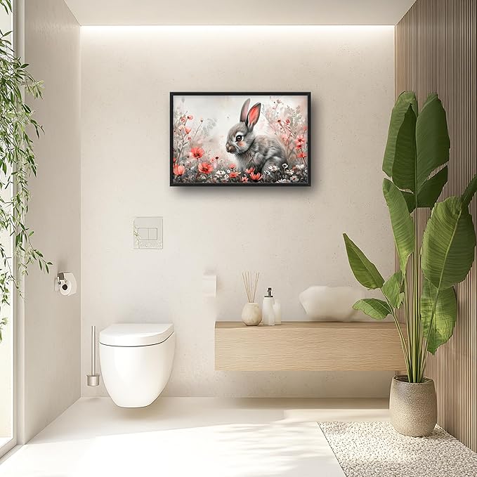 Framed Large Pictures Wall Art for Living Room, Rabbit Bunny Oversized Wall Decor Animal Floral Canvas Print Painting Modern Extra Large Framed Artwork for Bedroom Office 36"x24"
