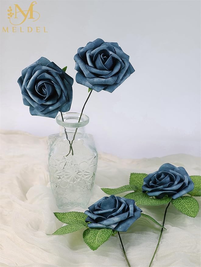 Meldel Artificial Flowers 50pcs Real Looking Dutch Blue Dusty Blue Foam Fake Roses with Stems for DIY Wedding Bouquets Bridal Shower Centerpieces Floral Arrangements Home Decorations Crafts Gifts