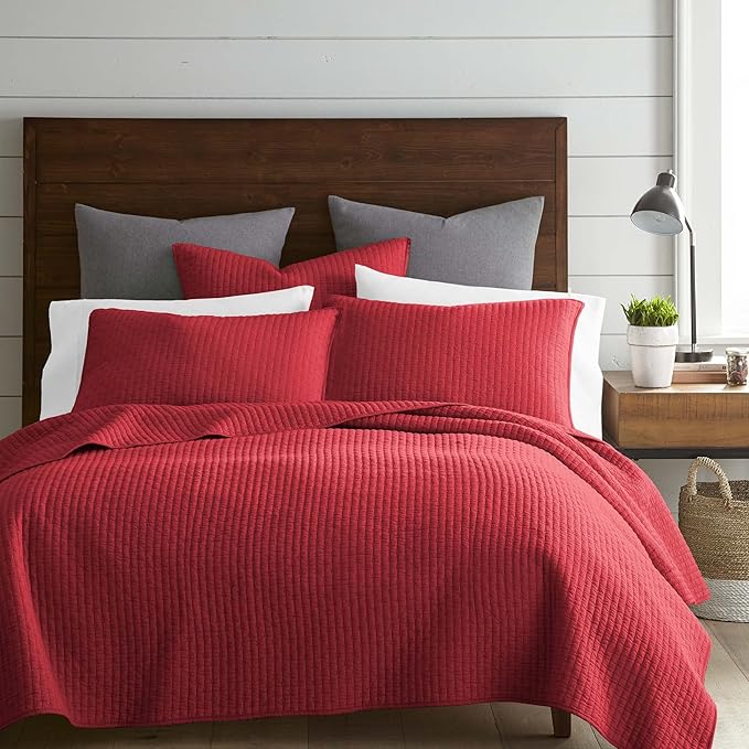 Levtex Home Cross Stitch Reversible Full/Queen Quilt Set (88x92in) with 2 Pillow Shams (26x20in) - Stitch Texture - Chile Red - Cotton Full/Queen Size Quilt Bedding Set - Lightweight, Soft, Pre-Washed