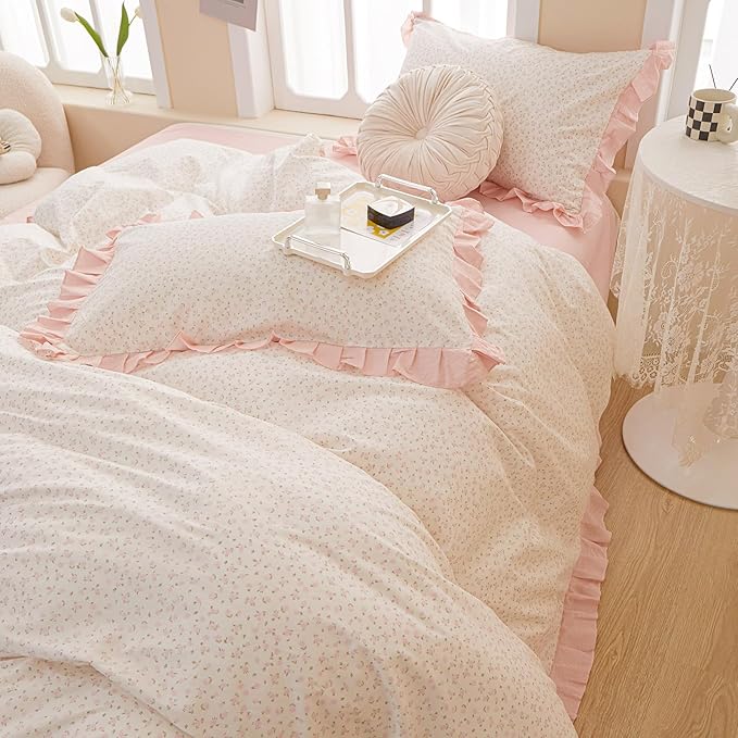 Pink Flower Duvet Cover Twin XL 3 Pieces Ruffle Floral Duvet Cover Girls Cottagecore Bedding Set Soft 100% Cotton Floral Lace Comforter Cover Vintage Botanical Flower Bedding Cover with Zipper Closure