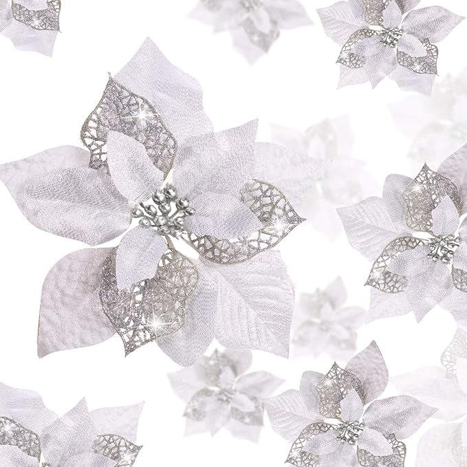 WILLBOND 36 Pieces Christmas Poinsettia Glitter Faux Flowers Christmas Artificial Flowers Tree Ornaments Topper Xmas Decorations(Silver)