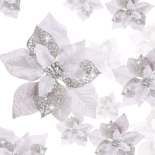 WILLBOND 36 Pieces Christmas Poinsettia Glitter Faux Flowers Christmas Artificial Flowers Tree Ornaments Topper Xmas Decorations(Silver)