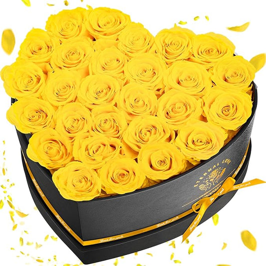 Preserved Rose in Heart Shape Box, 27 Forever Flowers, Eternal Roses, Birthday Gifts for Women, Her, Wife Mother's Day, Yellow