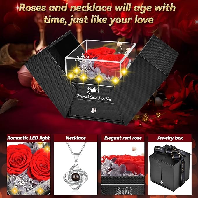 2 Preserved Rose Gift for Women - Eternal Rose with I Love You Necklace - Romantic Birthday Gifts for Girlfriend Mom Her Wife Grandma on Valentines Mothers Day Anniversary Christmas-Red
