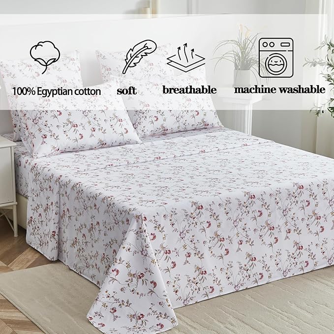 FADFAY Sheets Set King Rustic Pink Floral Botanical Bedding Set Luxury 100% Egyptian Cotton Bed Sheet Set Soft Breathable for All Season Bedoom Decor with 17.7 Deep Pocket Fitted Sheet, King Size