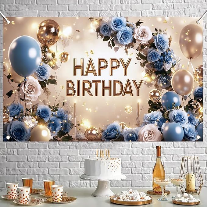 Blue and Gold Happy Birthday Backdrop Banner Elegant Floral Balloon Photography Background Birthday Party Decorations Glittering Rose Blue Gold Balloons Banner Supplies 71x43 Inch