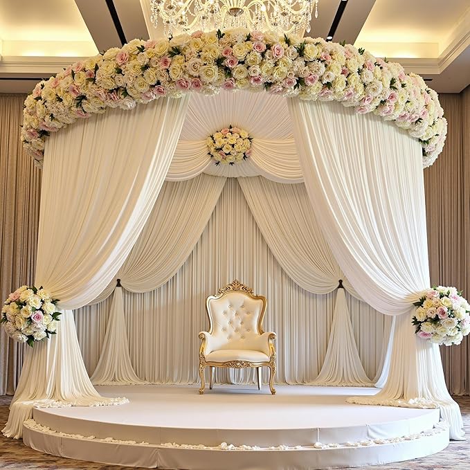 PartyVillage 60ft×15ft White Backdrop Curtain for Wedding Parties, 12 Panels Wrinkle Free 15 FT Long Polyester Photo Backdrop Drapes Back Drop Cloth for Birthday Photography Background
