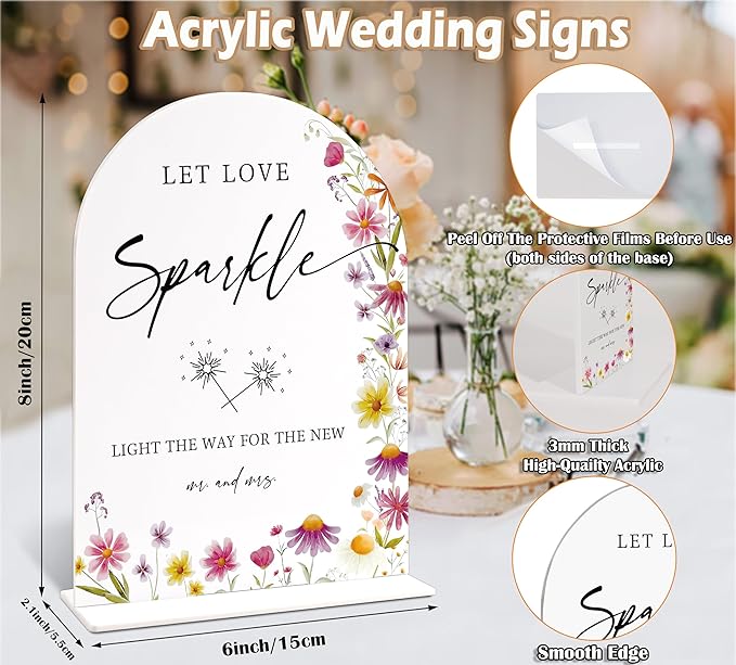 Wedding Sparklers Send Off Sign 6x8 Inch, Wild Flower Arch Acrylic Wedding Signs for Reception, Love Is In Bloom Bridal Shower Floral Engagement Party Decorations