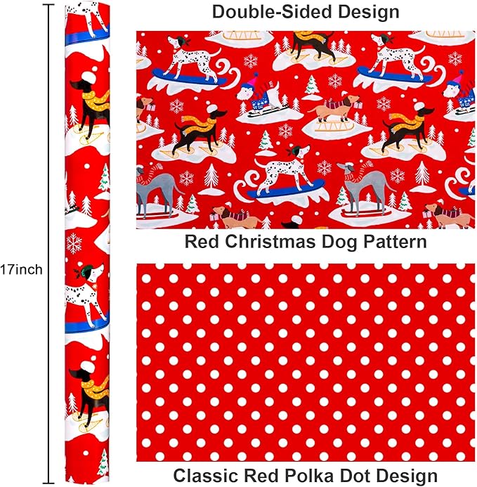 Yarcony Dog Christmas Wrapping Paper Roll, Red Wrapping Paper, Reversible Funny Skiing Puppy and Polka Dot Design Kid Christmas Gift Wrap Paper for Winter Holiday, Dog Lover (17 Inch X 33 Feet)
