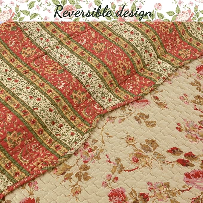 Cozy Line Home Fashions Rose Garden Vintage Floral Pink Khaki 100% Cotton Reversible Quilt Bedding Set, Coverlet Bedspread (Vintage Rose, King - 3 Piece)