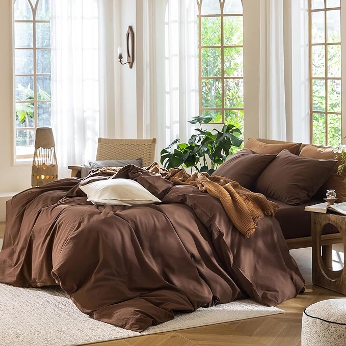 MooMee Bedding Duvet Cover Set 100% Washed Cotton Linen Like Textured Breathable Durable Soft Comfy (Solid Cocoa Brown, Full 80"x90")