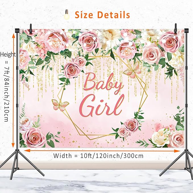 Pink Floral Baby Girls Baby Shower Backdrop Party Decorations,Blush Rose Flowers It's Baby Girl Backdrops Banner Photography Background Princess Baby Shower Party Photo Booth Supplies 10x7ft