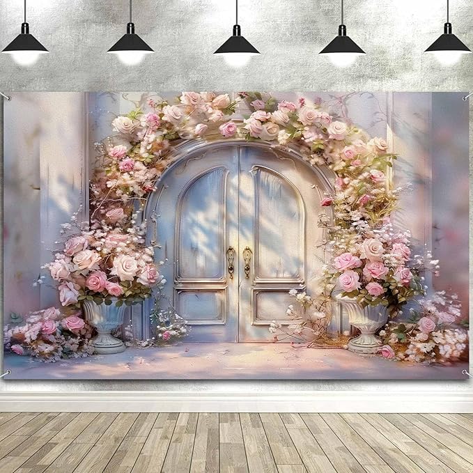 8X6ft Pink Floral Photography Backdrop, Retro Oil Painting Flowers Photography Backdrop Dreamlike Wedding Portrait Photo Background Wedding Birthday Party Background Banner Decor