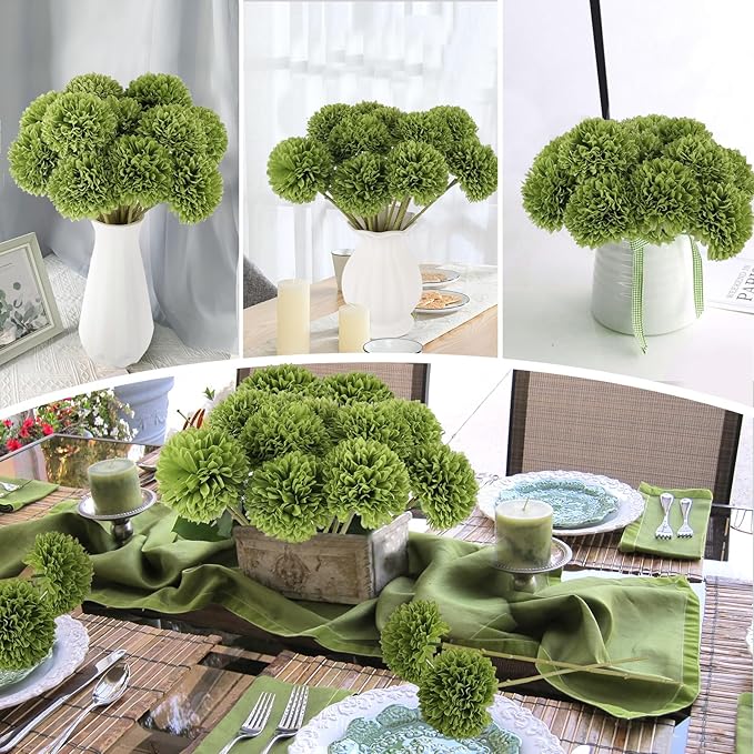 12 Pcs Artificial Chrysanthemums Flowers Green Flowers Silk Fake Mums Flowers for St Patricks Day Outdoor Wedding Table Centerpiece Home Decor (12, Green)