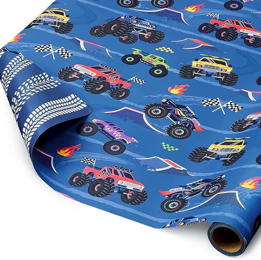 WERNNSAI Monster Truck Wrapping Paper - 1 Roll 17”x 16.4 ft Reversible Monster Jam Truck Wrapping Paper for Kids Boys Birthday Blue Truck Gift Packing for Racing Theme Birthday Carnival Celebration Party Supplies