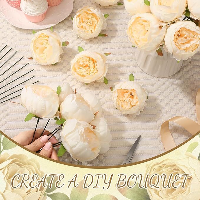 50 Pcs Artificial Peony Flower Bulk 3.5 Inch Silk Peony Flowers Heads with Stems Realistic Fake Roses for DIY Wedding Party Craft Bridal Bouquets Table Centerpieces Vase Home Decor(Champagne)