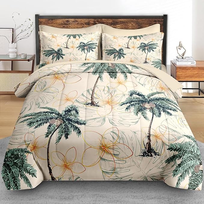 Comforter Set Full Size, Tropical Botanical Palm Summer 7 Pcs Bedding for Kids and Adults, Hawaiian Coconut Tree Bed Sheet Sets with Fitted Sheet 2 Pillowcase & 2 Sham for Bedroom Bed Decor