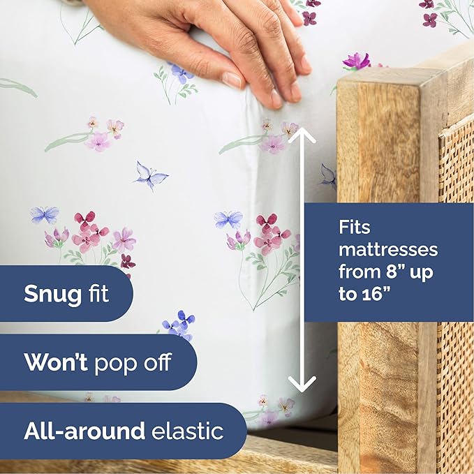 Floral Sheets - Butterfly Floral Bed Sheet Set - 1 Flat, 1 Fitted & 1 Pillowcase w/ Deep Pockets - Comfy, Wrinkle & Fade Free - Boho Botanical Bedding - Soft, Breathable and Cooling - Twin Size Set