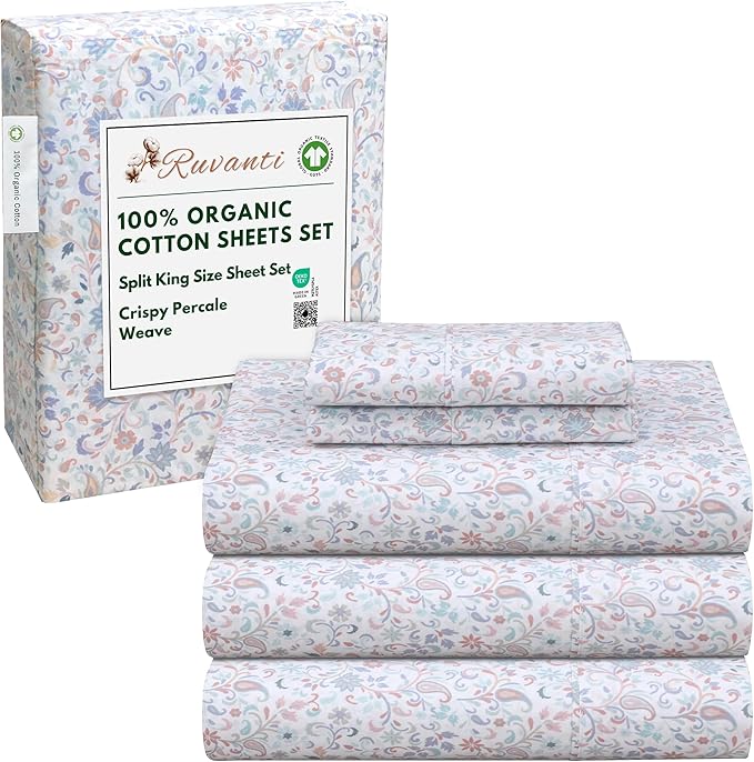RUVANTI 100% Organic Cotton Sheets Split King, Percale Weave, GOTS Certified, 5-Piece Set, Deep Pocket 15", Crisp & Breathable, Soft Durable Bedding, Sábanas Algodón Orgánico – Multi Paisley