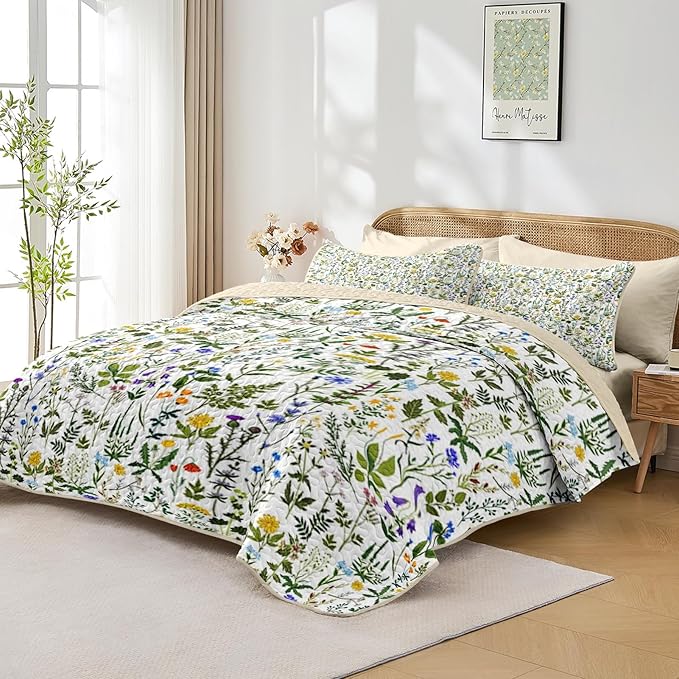 Quilt Set Full/Queen Size, Garden Floral 3 Pcs Soft Bed Cover Bedding Set, Country Rustic Farmhouse Lightweight Bedspread Coverlet with 2 Pillow Sham for All Season