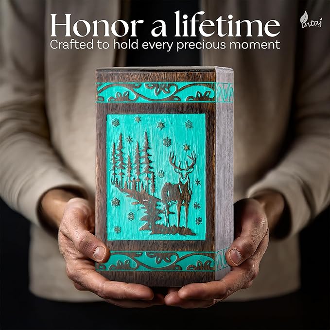 INTAJ Handcarved Rosewood Teal Green Deer Urn for Human Ashes Adult Male Female - 250 lbs Forest Wooden Cremation Urn Box Suitable for Burial Funeral Decorative Wildlife Memorial Casket