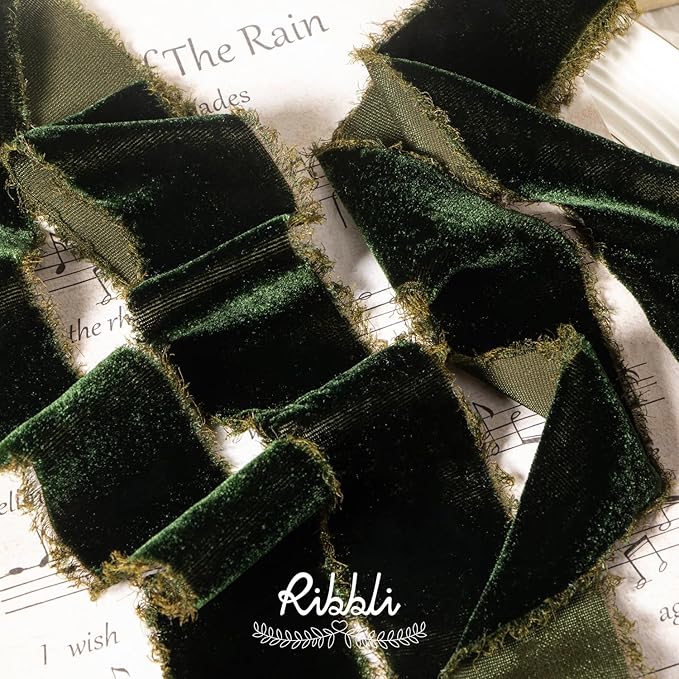 Ribbli Dark Moss Velvet Ribbon 1.5 Inch Handmade Frayed Vintage Christmas Ribbon for Gift Wrapping Christmas Tree Ornament Wreath Craft Home Decor -3 Yards