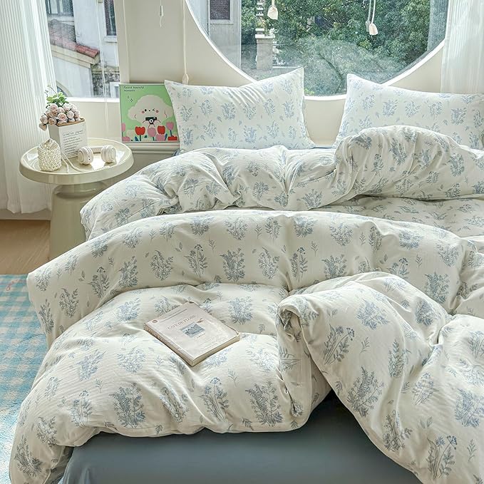 LifeTB Muslin Duvet Cover Set Full Vintage Botanical Floral Duvet Cover 100% Cotton Linen Feel Flower Bedding Set Super Soft Gauze Comforter Cover Breathable Lightweight Cottagecore Bedding Set