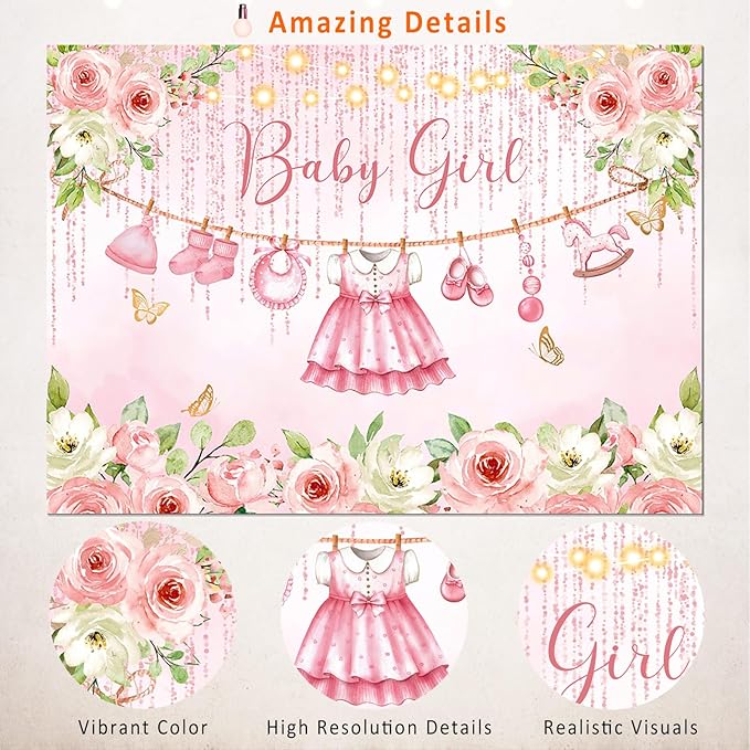 Pink Floral Baby Girl Baby Shower Backdrop Decorations,Cute Clothes Its a Girl Banner Back drops Rose Gold Flower Photography Background for Baby Shower Party Supplies Photo Booth Props 10x7ft