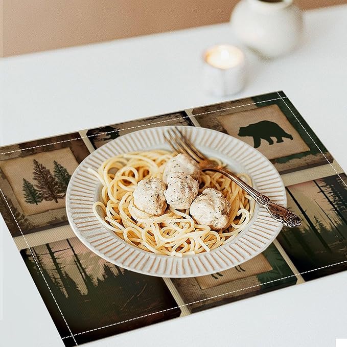 Rustic Lodge Bear Deer Placemats Set of 4, Vintage Cabin Pine Cone Plaid Place Mats, Heat Resistant Non Slip Cotton Linen Dining Table Mats for Home Kitchen Decor 18x12 Inch