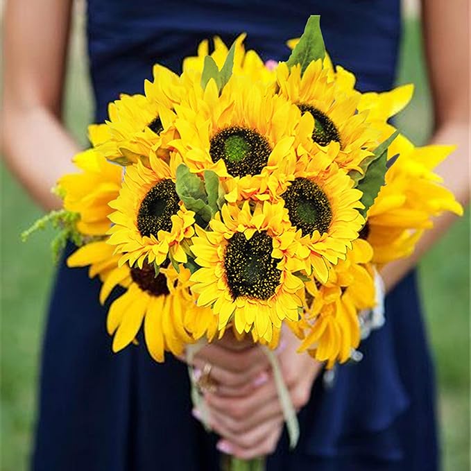 Artificial Flowers 2pcs 14'' Sunflower Bouquets with 7pcs Silk Flowers for Wedding Bridal Bouquet Bridesmaid Home Decor Housewarming Gift Office Baby Shower (Yellow)