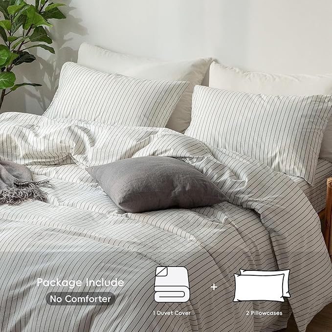 MooMee Striped Duvet Cover Set 100% Washed Cotton Linen Like Textured Breathable Durable Soft Comfy (White Dark Grey Wide Stripes, Oversized Queen 98"x98")