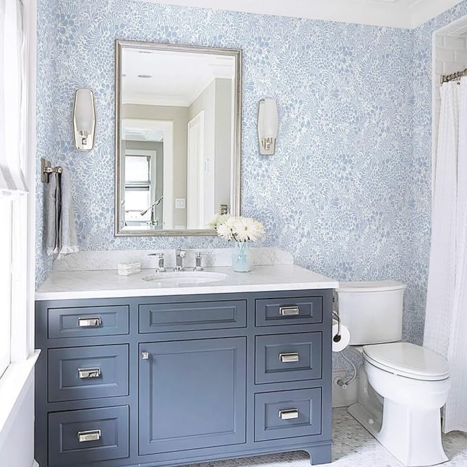 Heroad Peel and Stick Wallpaper Light Blue Floral Contact Paper 30'x17.3'' Boho Wall Paper Modern Removable Self Adhesive Wallpaper for Bedroom Bathroom Kitchen Cabinet Decor Waterproof Vinyl Roll