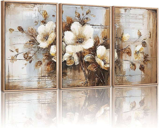 YCJKJDZ Framed Dark Floral Canvas Wall Art Set of 3, Neutral Fall Plant Bohemian Vintage Moody Flower Wall Decor Artwork for Farmhouse Bedroom Living Room Office, 20x30 inches
