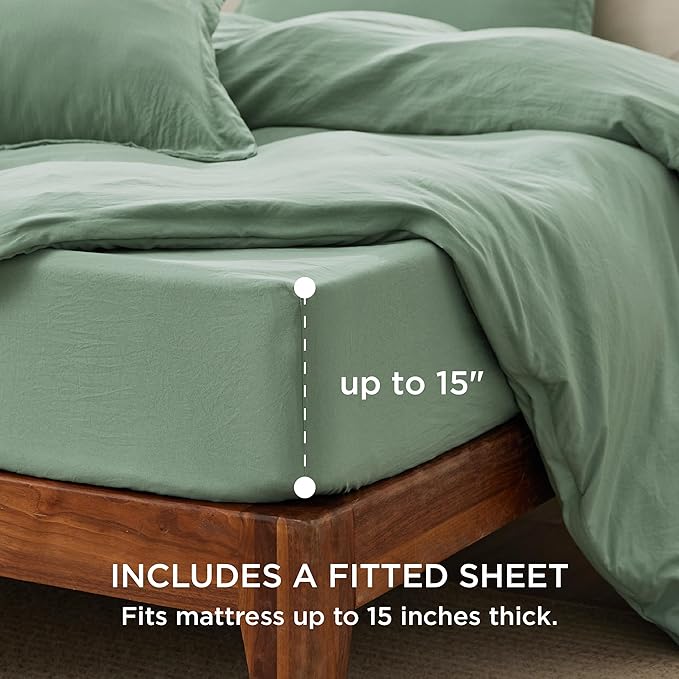 Bedsure Duvet Cover Queen Size with Fitted Sheet - 4 Pieces Prewashed Cotton-Like Extra Soft Bedding Set, Includes 1 Duvet Cover 90x90 Inches, 2 Pillow Shams, 1 Fitted Sheet, Sage Green