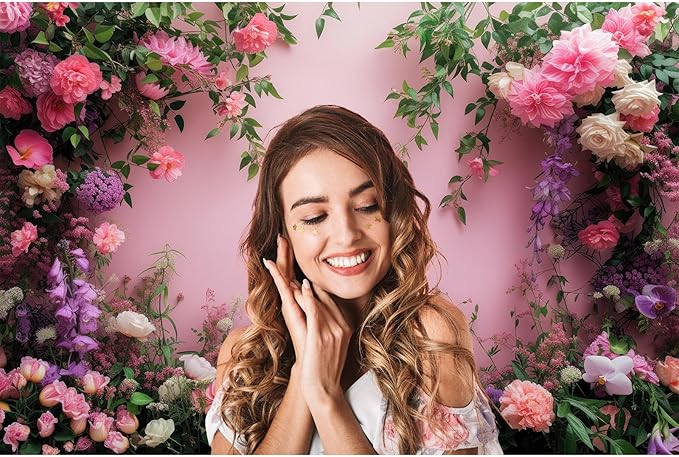 Flowers Photography Backdrop Colorful Flowers Composition Green Leaves on Pink Background for Girls Kids Children Wall Banner Cake Table Decoration Video Studio Photo Portrait Props 20x10ft