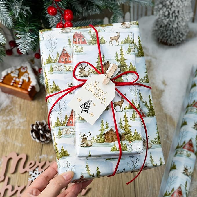 MAYPLUSS Christmas Wrapping Paper Roll - 17 In x 33 Feet - Cute Watercolor Christmas Tree Reindeer Log Cabin Gift Wrap Paper for New Year, Holiday, Kids