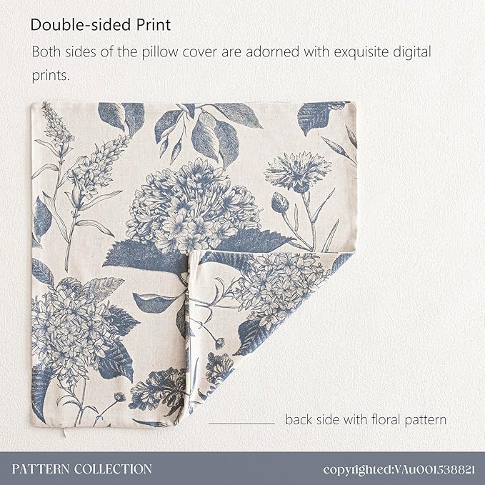 Foindtower Set of 2 Linen Floral Vintage Throw Pillow Covers Neutral Accent Print Decorative Cushion Covers Farmhouse Boho Home Decor for Sofa Chair Couch Bedroom Living Room,24×24 Inch,Blue