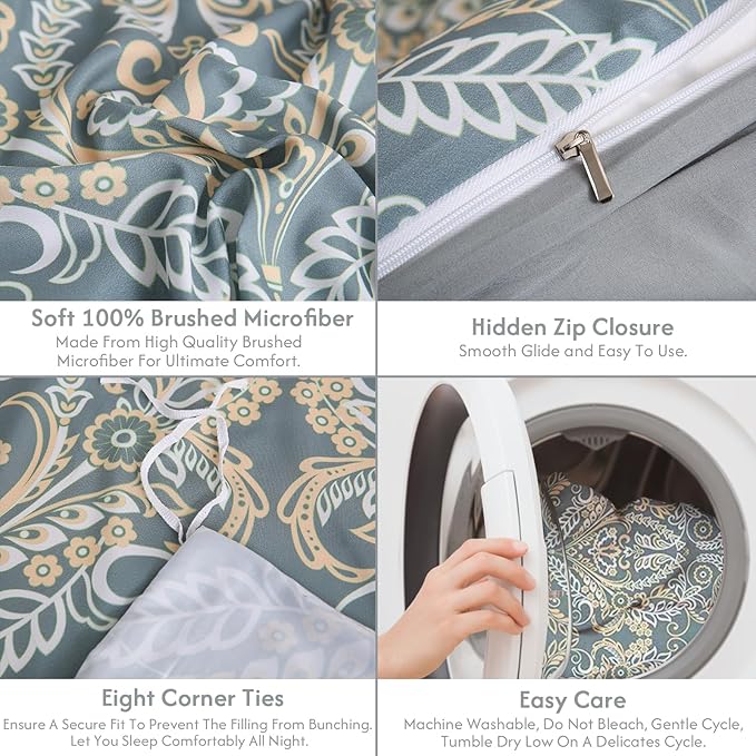 LONAVA King Paisley 3 Pcs Duvet Cover Set, Breathable Soft Microfiber Grey Lining Comforter Cover with Zipper Closure, and 2 Anti-Pilling, Fade Resistant Pillowcases, Green Pasliey