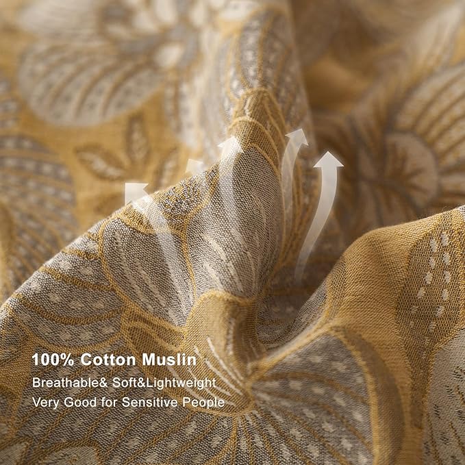 EAVD Vintage Style Yellow Floral Duvet Cover King Soft 100% Muslin Cotton Yarn-Dyed Jacquard Textured Bedding Set with 2 Pillowcases Linen Like Gauze Botanical Duvet Cover with Zipper Closure