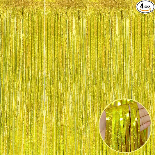 4 Pack Gold Tinsel Foil Fringe Curtain Backdrop, 3.28Ft x 8.2Ft Metallic Streamers for Photo Booth Props Wedding Bridal Shower Bachelorette Birthday Halloween Christmas Party Decoration