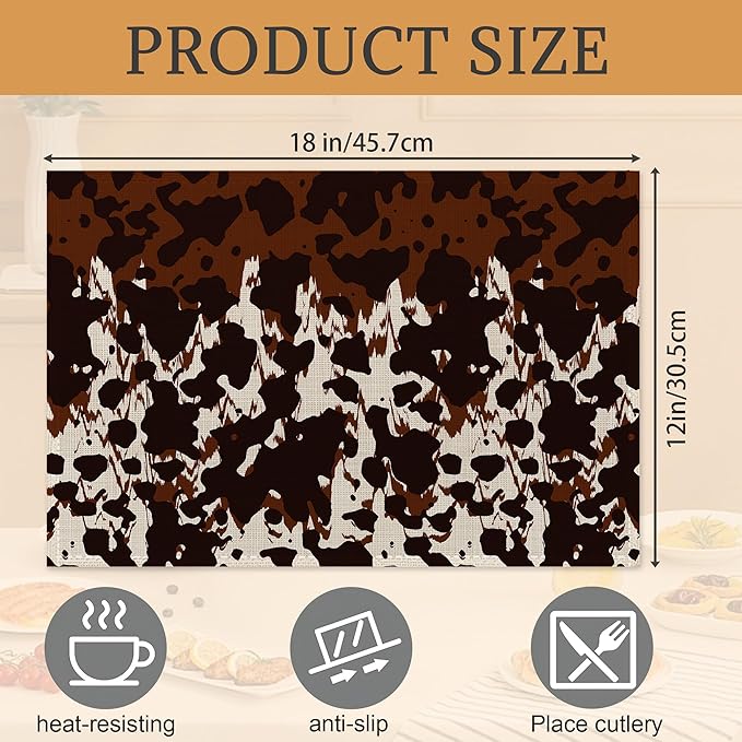Cow Fur Placemats Set of 6,Washable Heat Resistant 12×18 Inch Linen Table Mats Cow Print Pattern Place Mats for Party Outdoor Dining Décor