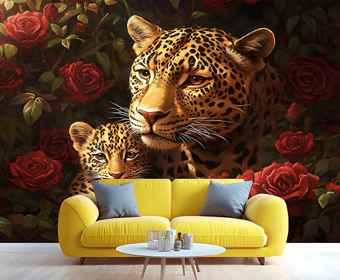 Jungle Rose Leopard Wall Mural, Big Cat Floral 3D Wall Murals, Wild Animal Leopard Wallpaper Mural, for Living Room Bedroom Large Wallpaper Indoor Decor 137.8" W x100 H
