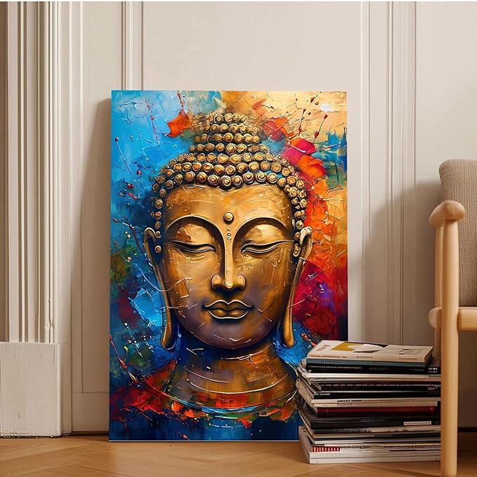 Golden Serenity Buddha Vintage Painting Wall Art Spirituality and Modern Art Wall Decor Adds Brilliance to Vibrant Home Decor 24x36in Wood Framed