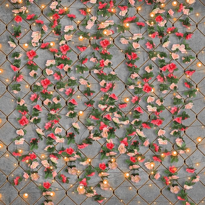 5 Pcs 41FT Flower Garland, Artificial Rose Garland Flowers Plants Fake Flower Hanging Rose Ivy, Birthday Party Valentine's Day Wedding Wall Arch Decor（Pink）