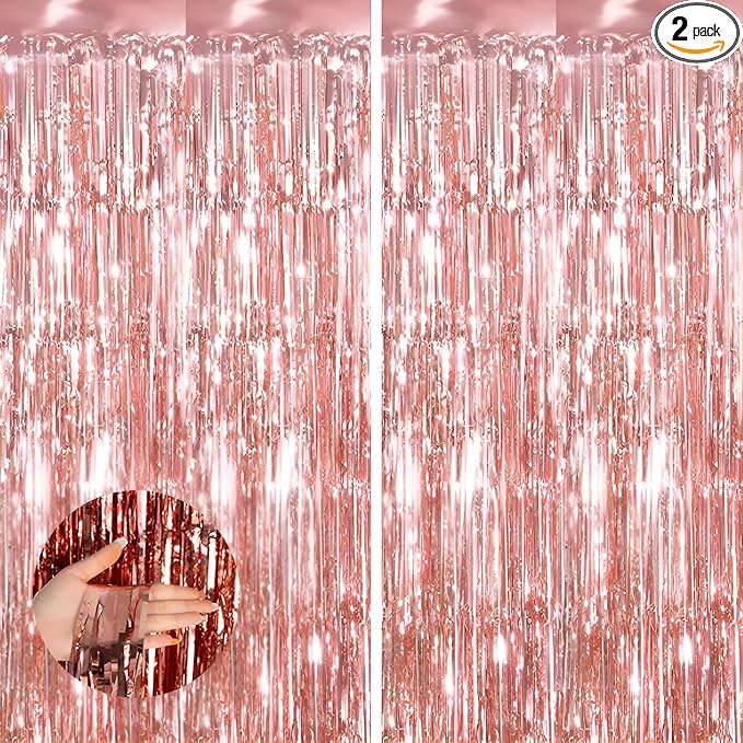 Keyali 2 Pack 3.3 * 8.3 ft Foil Curtain Metallic Tinsel Fringe Curtains Photo Booth Props Backdrop for Birthday Wedding Engagement Baby Shower Christmas Holiday Celebration Partyl,Rose Gold