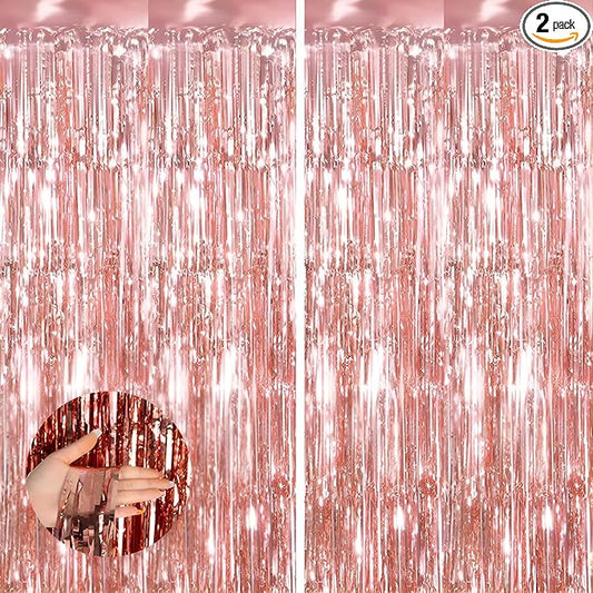 Keyali 2 Pack 3.3 * 8.3 ft Foil Curtain Metallic Tinsel Fringe Curtains Photo Booth Props Backdrop for Birthday Wedding Engagement Baby Shower Christmas Holiday Celebration Partyl,Rose Gold