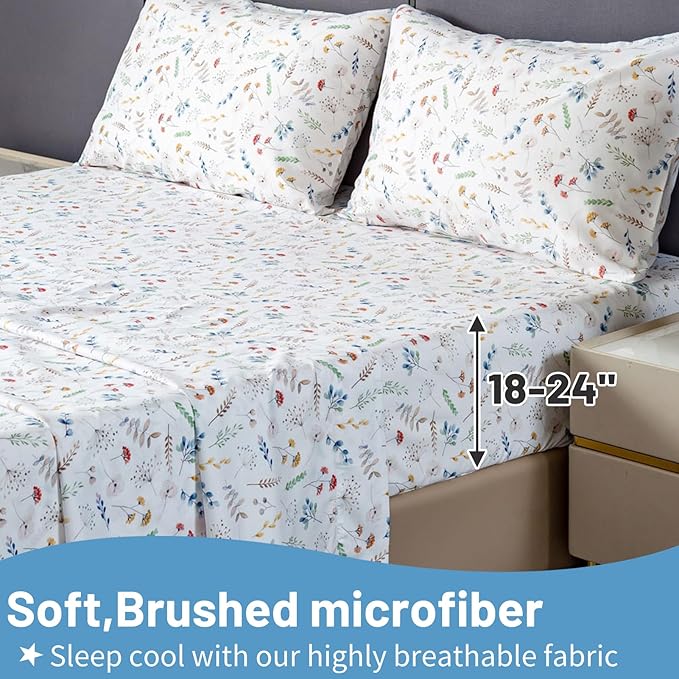 Bedlifes King Size Extra Deep Pocket Sheet Sets - Fits Mattresses Up to 18-24" Thick, 4-Piece Microfiber Set with 1800 Thread Count, Soft, Smooth, Breathable, Featuring White Floral